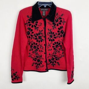 Work in Progress Beaded Floral Velvet Trim Cardigan Sweater Women S Red Black